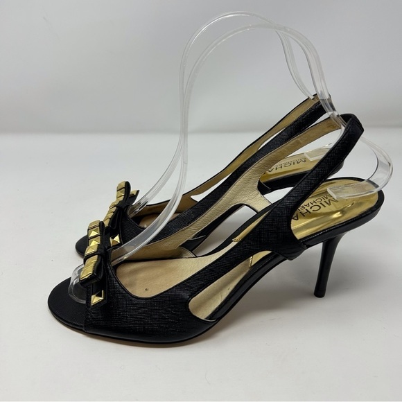 Michael Kors Livvy Black Leather Slingback Sandals Size 6.5 with Studded Bow - Picture 6 of 12